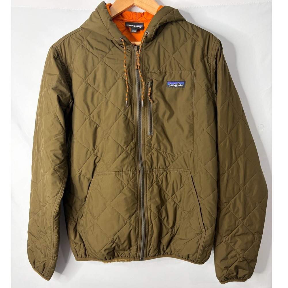 Patagonia Diamond Quilted Bomber Hoody Mens Medium Olive Green Orange Full Zip